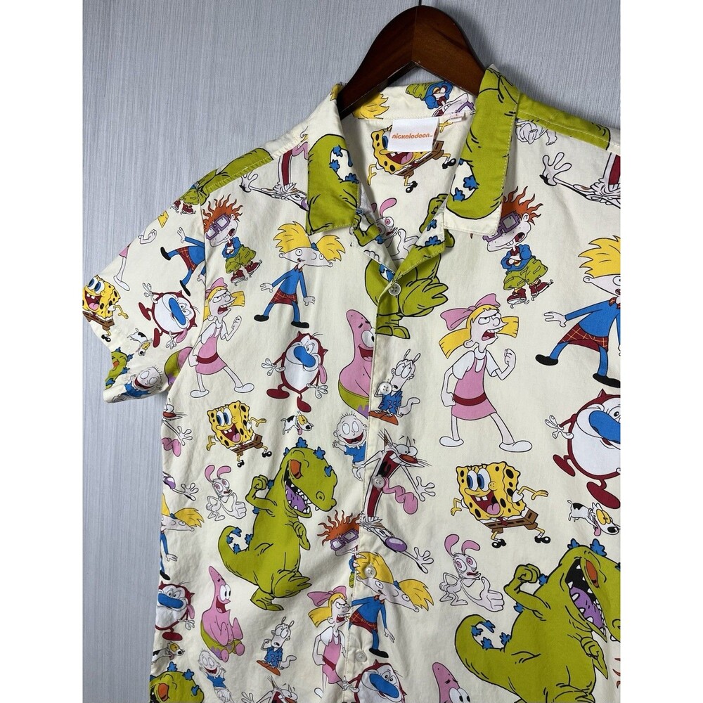 Nickelodeon Nostalgia Cartoon Print Button Up Shirt Spongebob Rugrats Mens L